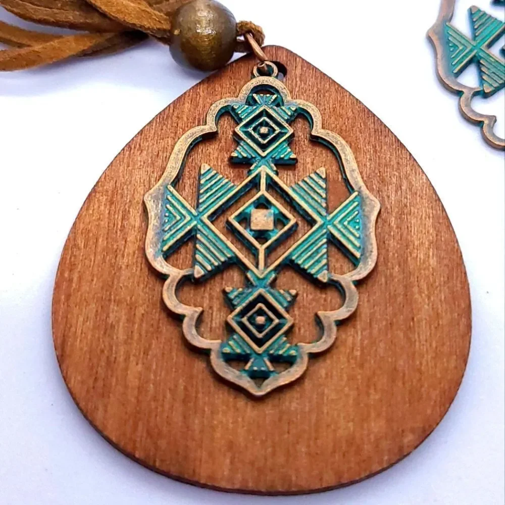 Western Cowgirl Patina Medallion Necklace Suede Cord Rustic Boho Adjustable 30